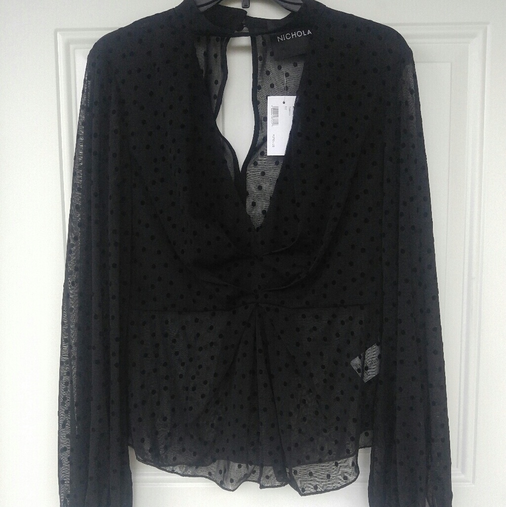 V-neck choker Swiss dot blouse
